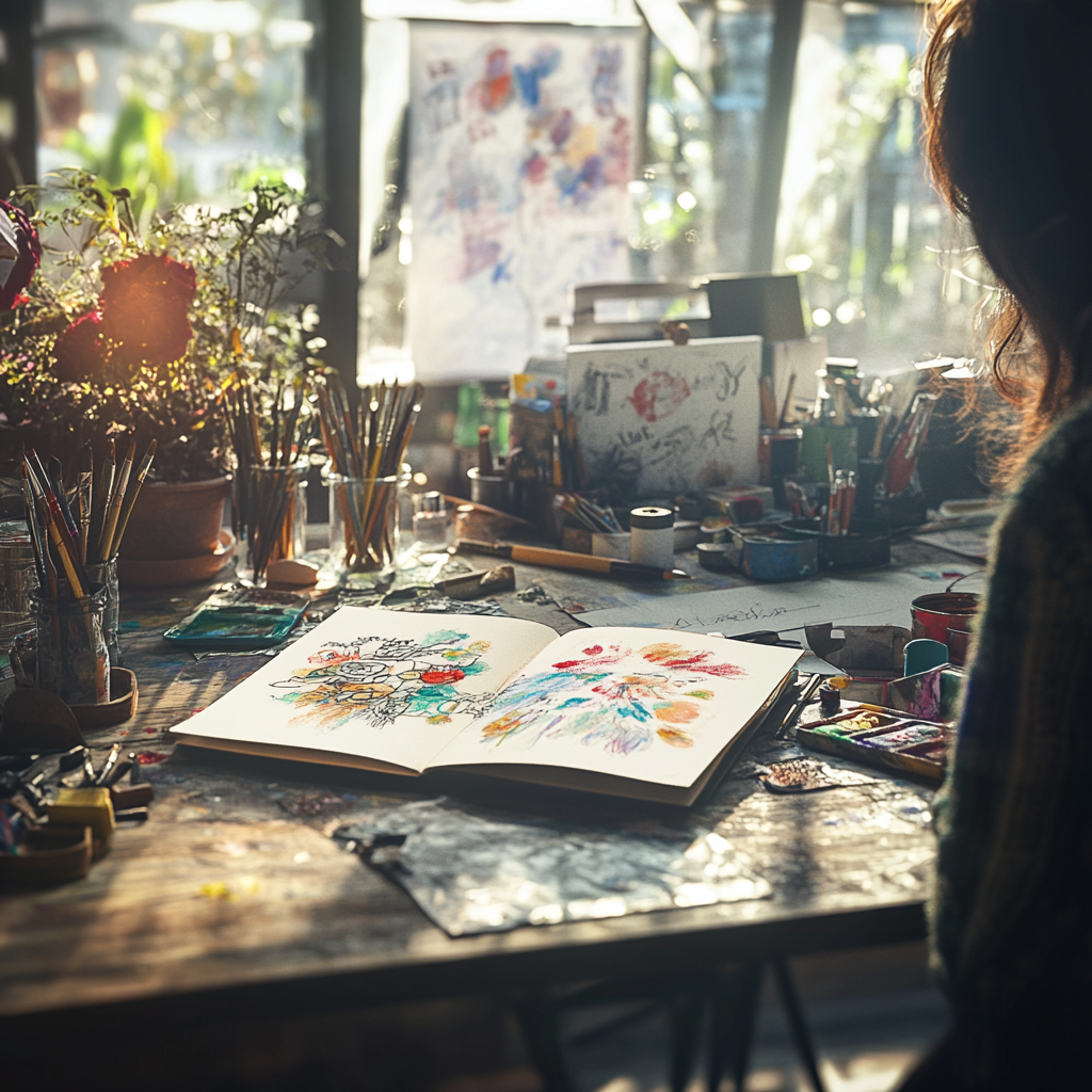 A sun-drenched creative workspace with sketchbooks, brushes and art supplies
