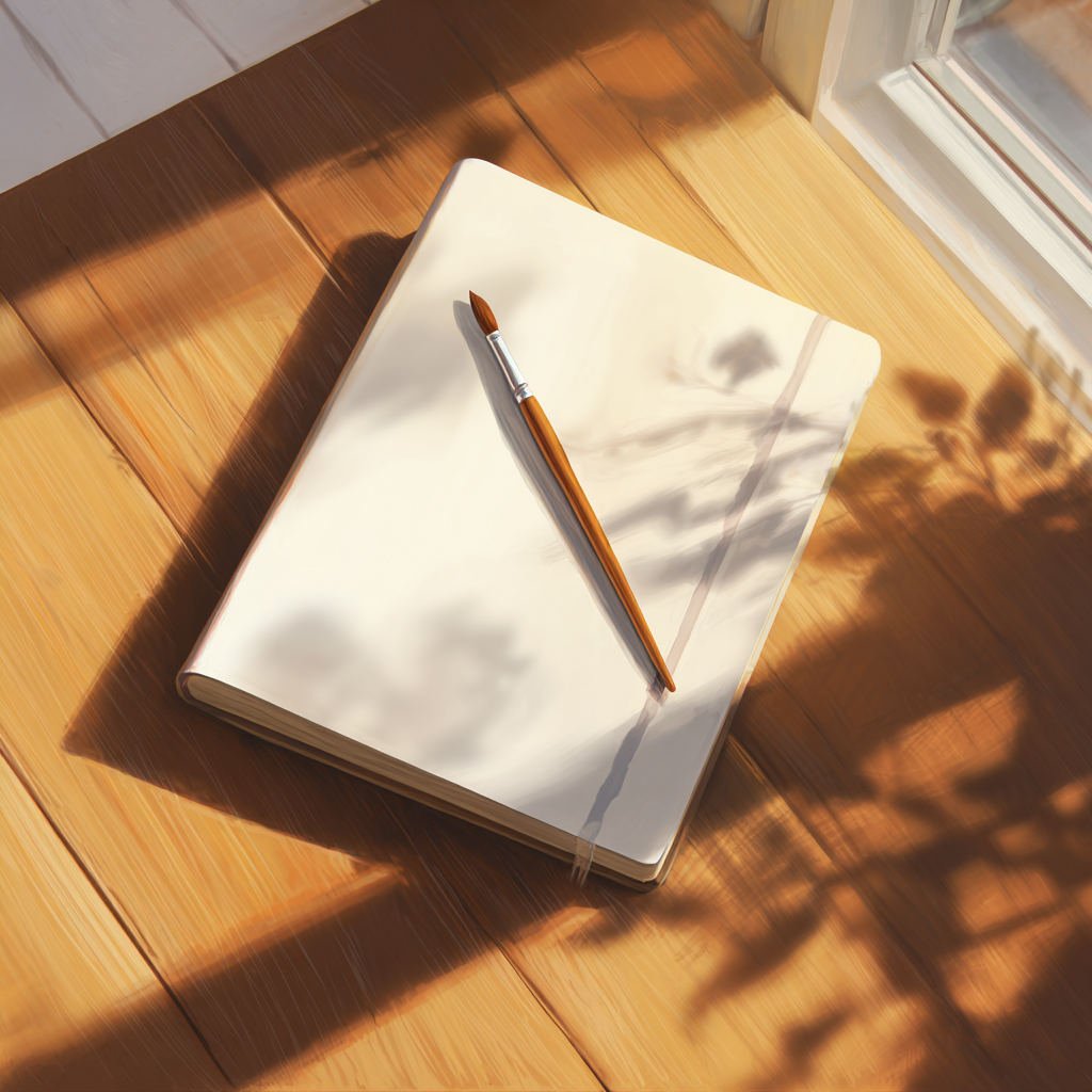 Sketchbook with paintbrush in natural sunlight