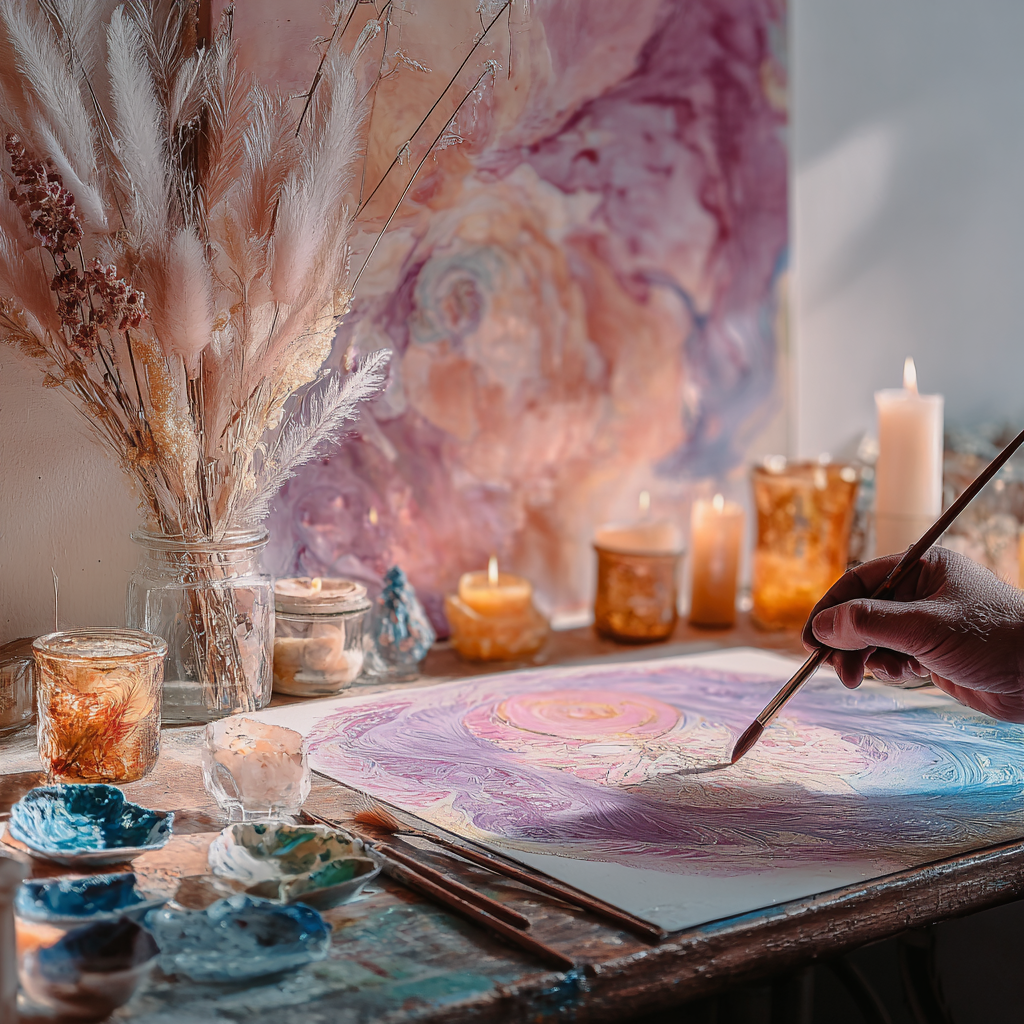 Creative alchemy workspace with painting, candles, and artistic tools