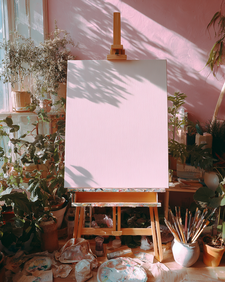 Blank pink canvas on easel surrounded by plants and art supplies