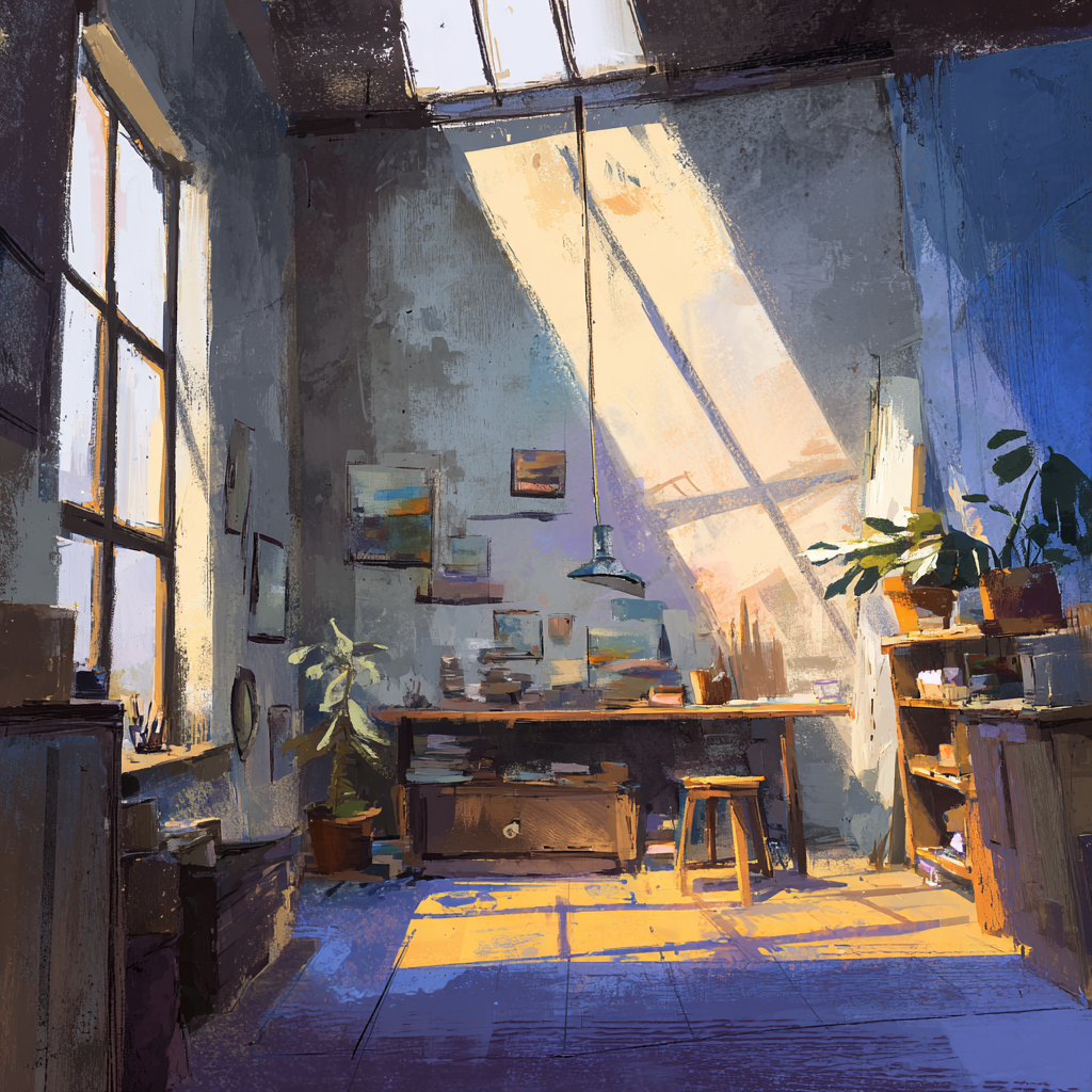 Sunlit art studio with creative workspace and golden light