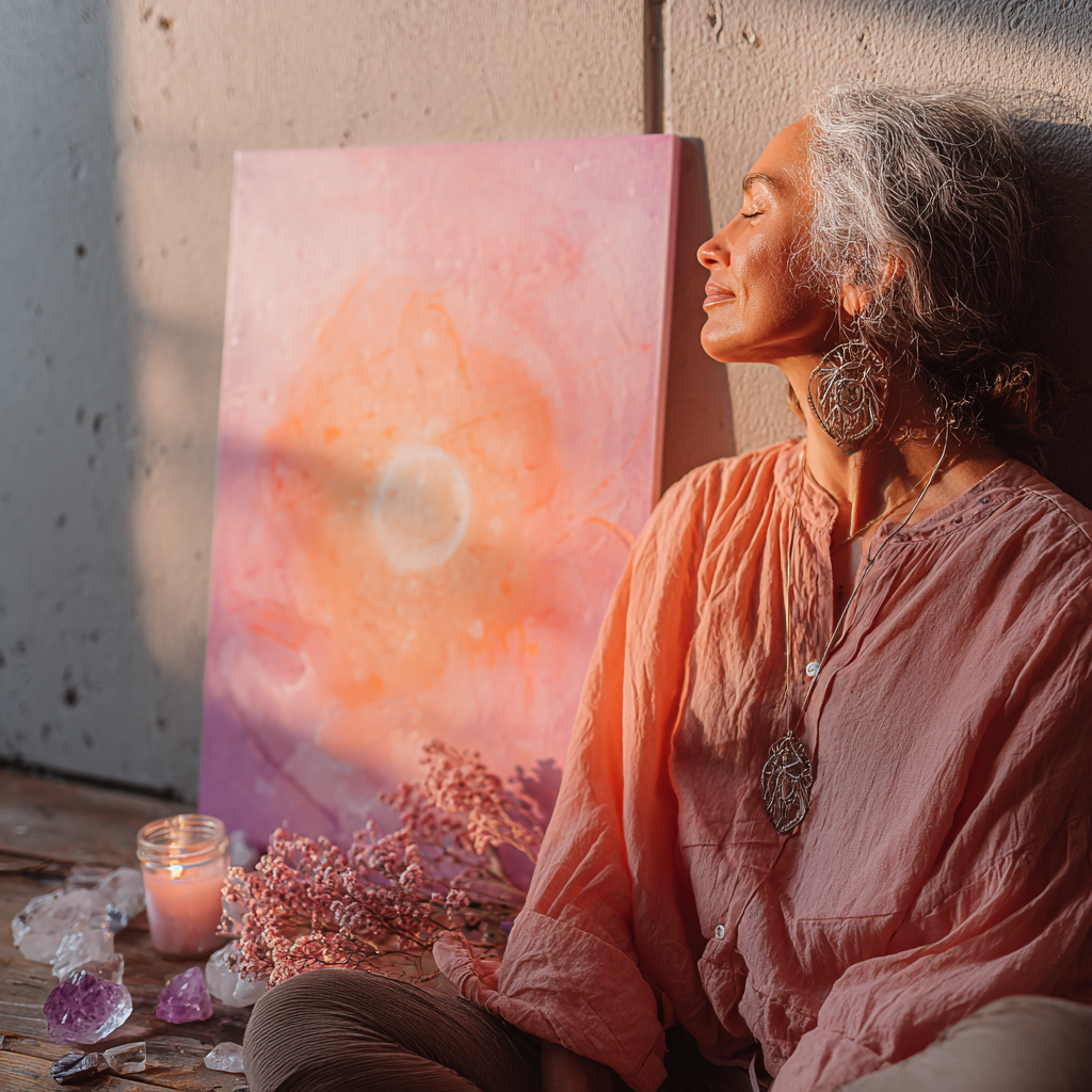 Woman in peaceful meditation with her artwork, embodying transformation and inner peace
